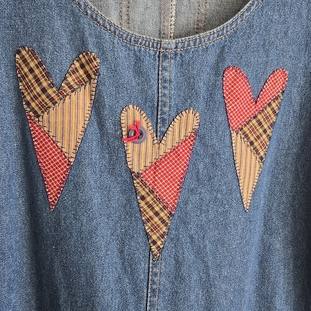 Vintage Denim Jumper Dress with Patchwork Heart Accents And Two Side Slits - Picture 6 of 10